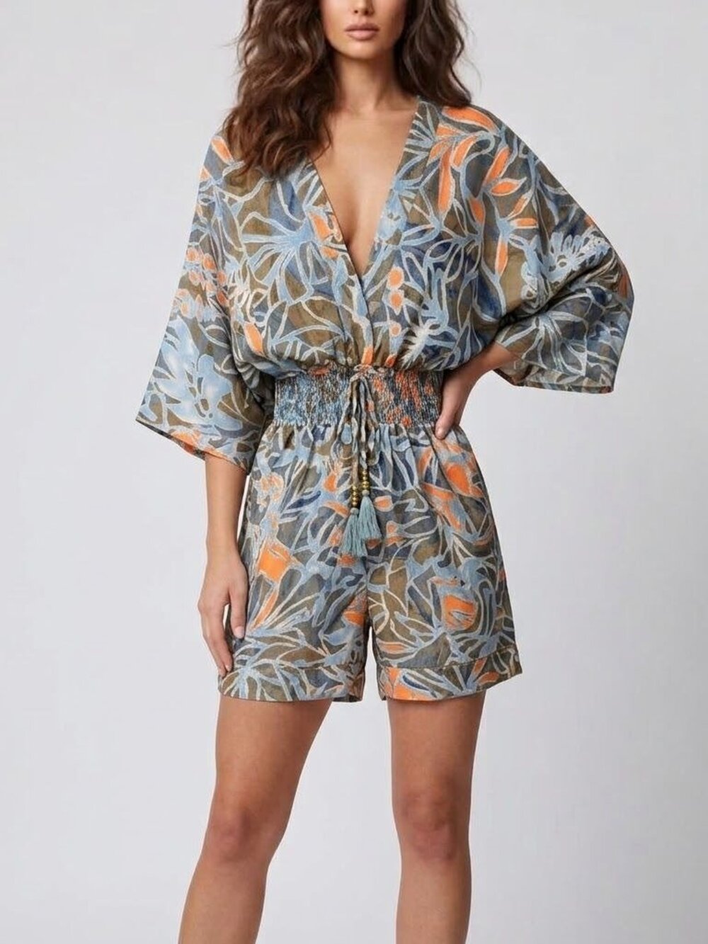 Boho Miami Bell Sleeve Romper Silk Blend Foliage Print One Size Resort Vacation